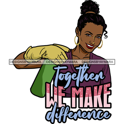 Afro Woman Holding Cleaning Supplies Life Quotes Maid Housekeeper Bamboo Earrings Gloves Apron Bun Hairstyle SVG JPG PNG Cutting Files For Silhouette and Cricut