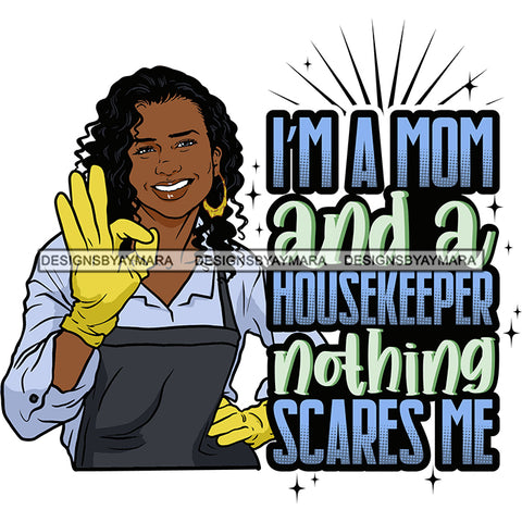 Afro Woman Cleaning Life Quotes Maid Housekeeper Bamboo Earrings Gloves Apron Curly Hairstyle SVG JPG PNG Cutting Files For Silhouette and Cricut