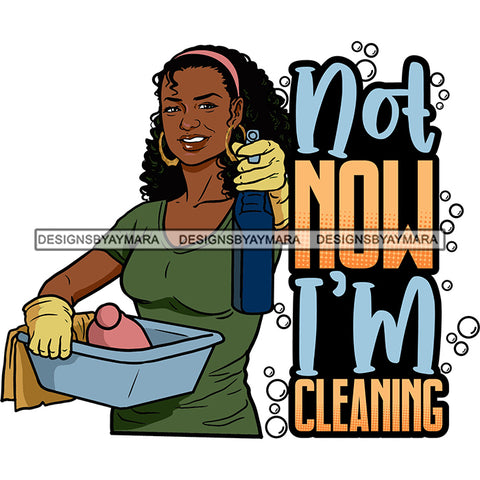 Afro Woman Cleaning Holding Bucket Life Quotes Maid Housekeeper Bamboo Earrings Gloves Apron Headband Curly Hairstyle SVG JPG PNG Cutting Files For Silhouette and Cricut