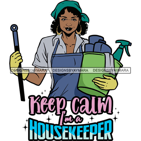 Afro Woman Cleaning Holding Bucket Life Quotes Maid Housekeeper Bamboo Earrings Gloves Apron Bandana Curly Hairstyle SVG JPG PNG Cutting Files For Silhouette and Cricut