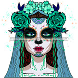 Sugar Skull Art Green Flowers Blue JPG PNG  Clipart Cricut Silhouette Cut Cutting
