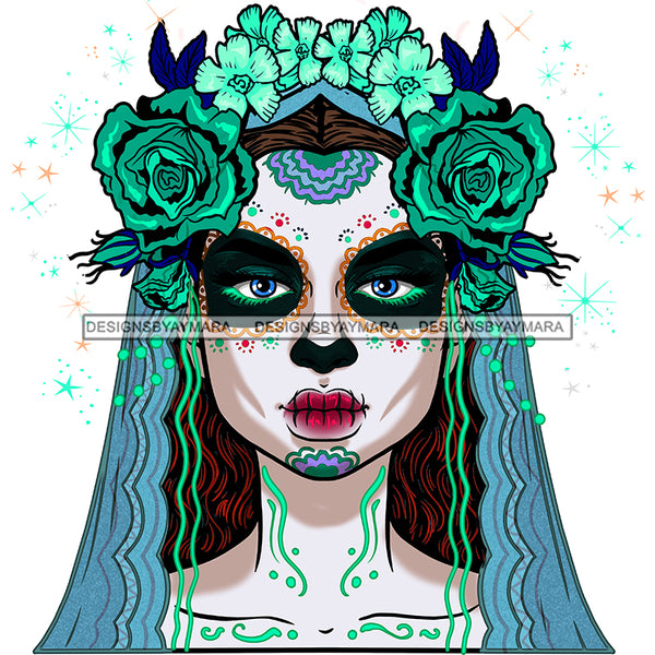 Sugar Skull Art Green Flowers Blue JPG PNG  Clipart Cricut Silhouette Cut Cutting