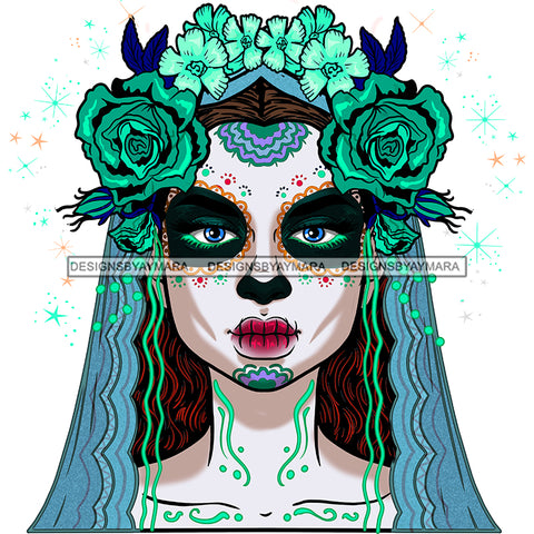 Sugar Skull Art Green Flowers Blue JPG PNG  Clipart Cricut Silhouette Cut Cutting
