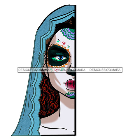 Half Face Sugar Skull Art Blue Scarf  JPG PNG  Clipart Cricut Silhouette Cut Cutting