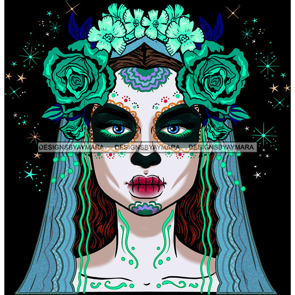 Sugar Skull Art Blue Scarf Green And Blue Flowers JPG PNG  Clipart Cricut Silhouette Cut Cutting