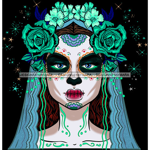 Sugar Skull Art Blue Scarf Green And Blue Flowers JPG PNG  Clipart Cricut Silhouette Cut Cutting