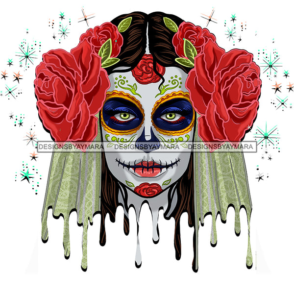 Sugar Skull Face Head Dead Red Flower Dripping JPG PNG  Clipart Cricut Silhouette Cut Cutting