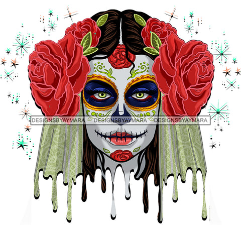 Sugar Skull Face Head Dead Red Flower Dripping JPG PNG  Clipart Cricut Silhouette Cut Cutting