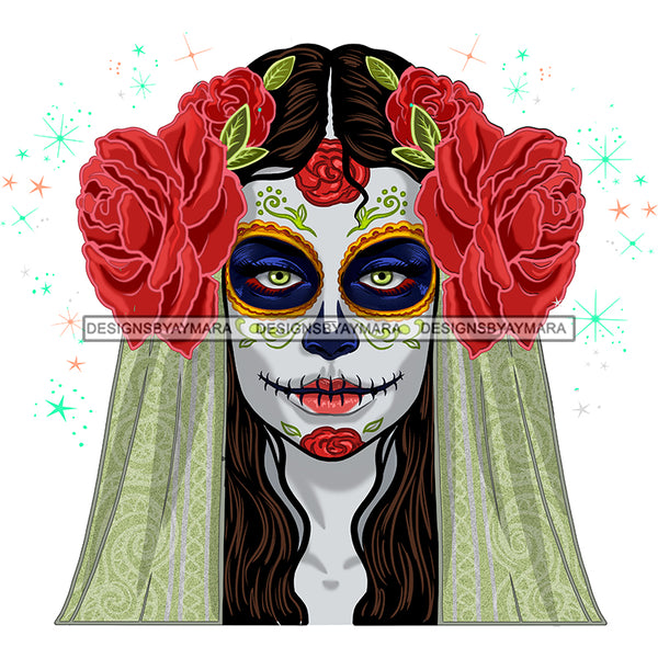 Sugar Skull Face Head Dead Red Flower JPG PNG  Clipart Cricut Silhouette Cut Cutting