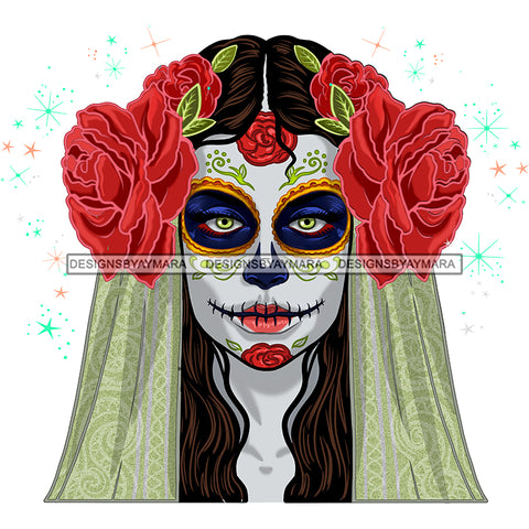 Sugar Skull Face Head Dead Red Flower JPG PNG  Clipart Cricut Silhouette Cut Cutting