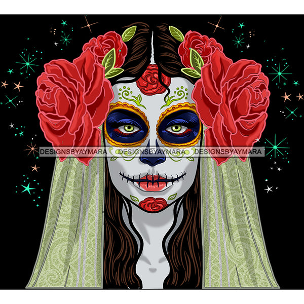 Sugar Skull Face Head Dead Red Flower  JPG PNG  Clipart Cricut Silhouette Cut Cutting