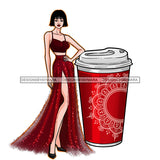 Short Hair Fashion Model In Red Top Red Glitter Skirt With A Red Cup Of Coffee JPG PNG  Clipart Cricut Silhouette Cut Cutting