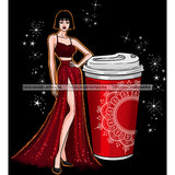 Short Hair Fashion Model In Red Top Red Glitter Skirt With A Red Cup Of Coffee JPG PNG  Clipart Cricut Silhouette Cut Cutting
