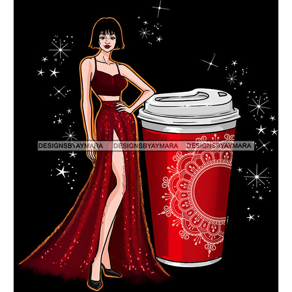 Short Hair Fashion Model In Red Top Red Glitter Skirt With A Red Cup Of Coffee JPG PNG  Clipart Cricut Silhouette Cut Cutting