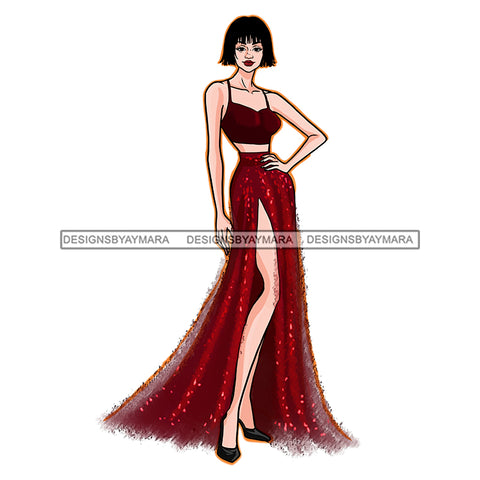 Short Hair Fashion Model In Red Top Red Glitter Skirt  JPG PNG  Clipart Cricut Silhouette Cut Cutting