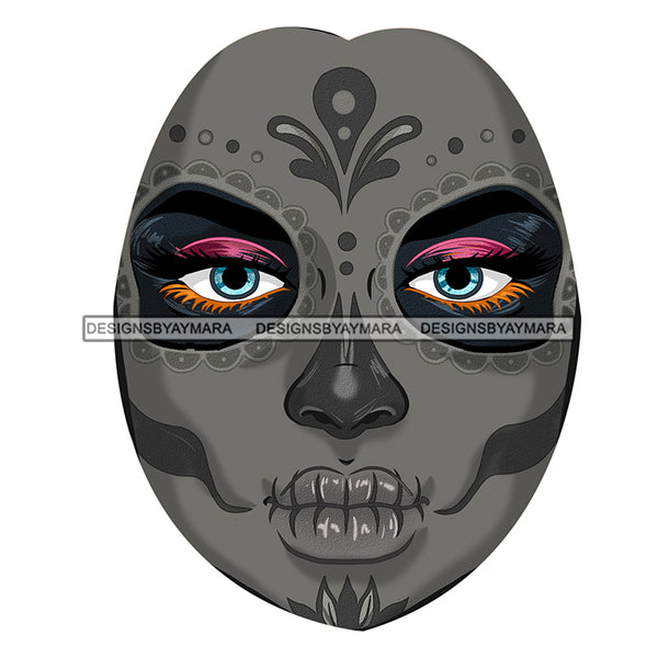 Gray Sugar Skull Face Only Dead Gold Flowers And Butterflies Pink Earrings  JPG PNG  Clipart Cricut Silhouette Cut Cutting