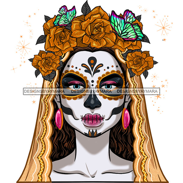 Sugar Skull Face Head Dead Gold Butterflies Flowers  JPG PNG  Clipart Cricut Silhouette Cut Cutting