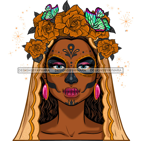 Brown Sugar Skull Face Head Dead Gold Flowers  JPG PNG  Clipart Cricut Silhouette Cut Cutting