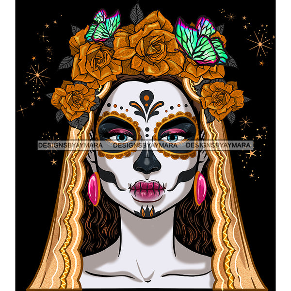 Sugar Skull Face Head Dead Gold Flowers And Butterflies Pink Earrings  JPG PNG  Clipart Cricut Silhouette Cut Cutting