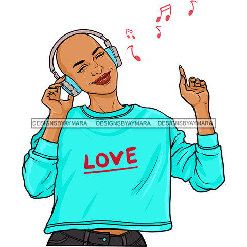Bald Young Lady Woman Love Listening To Music Headphones  JPG PNG  Clipart Cricut Silhouette Cut Cutting