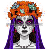 Sugar Skull Art Purple Scarf Gold Flowers And Butterflies Gray Pearls JPG PNG  Clipart Cricut Silhouette Cut Cutting