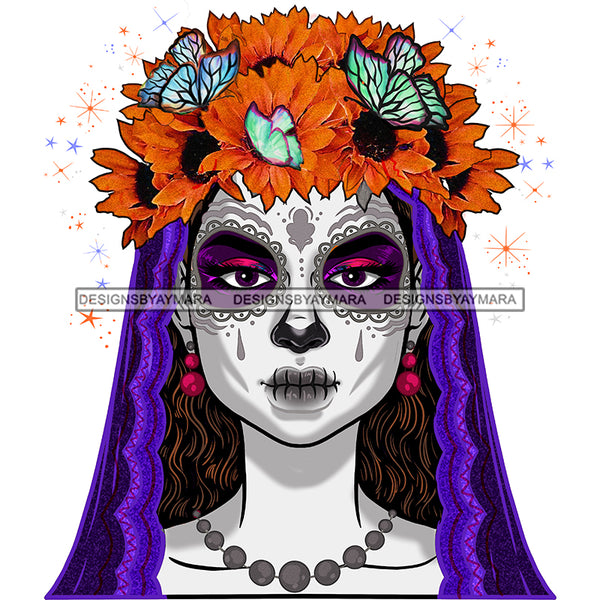 Sugar Skull Art Purple Scarf Gold Flowers And Butterflies Gray Pearls JPG PNG  Clipart Cricut Silhouette Cut Cutting