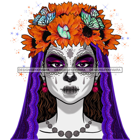 Sugar Skull Art Purple Scarf Gold Flowers And Butterflies Gray Pearls JPG PNG  Clipart Cricut Silhouette Cut Cutting