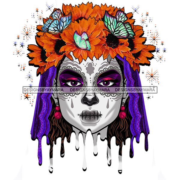 Sugar Skull Art Purple Scarf Gold Flowers And Butterflies Dripping JPG PNG  Clipart Cricut Silhouette Cut Cutting