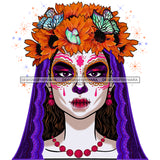 Sugar Skull Art With Gold Flowers And Butterflies Headpiece  Purple Scarf  JPG PNG  Clipart Cricut Silhouette Cut Cutting