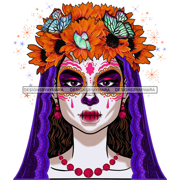 Sugar Skull Art With Gold Flowers And Butterflies Headpiece  Purple Scarf  JPG PNG  Clipart Cricut Silhouette Cut Cutting