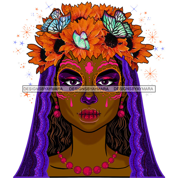 Brown Face Sugar Skull Art Purple Scarf Gold Flowers And Butterflies JPG PNG  Clipart Cricut Silhouette Cut Cutting