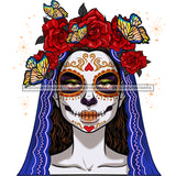 Sugar Skull Face Red Flowers Butterflies Blue Scarf JPG PNG  Clipart Cricut Silhouette Cut Cutting