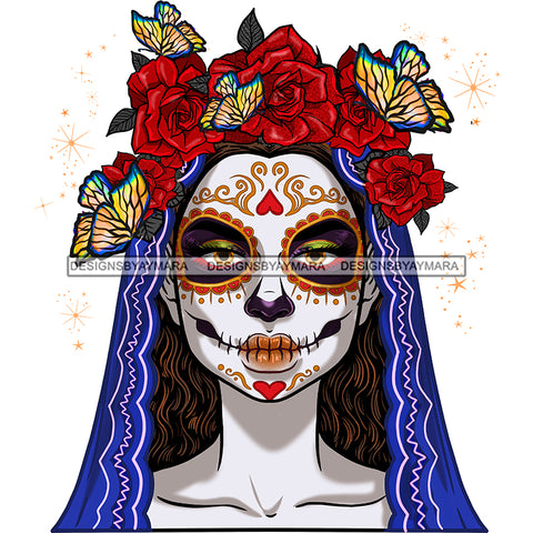 Sugar Skull Face Red Flowers Butterflies Blue Scarf JPG PNG  Clipart Cricut Silhouette Cut Cutting