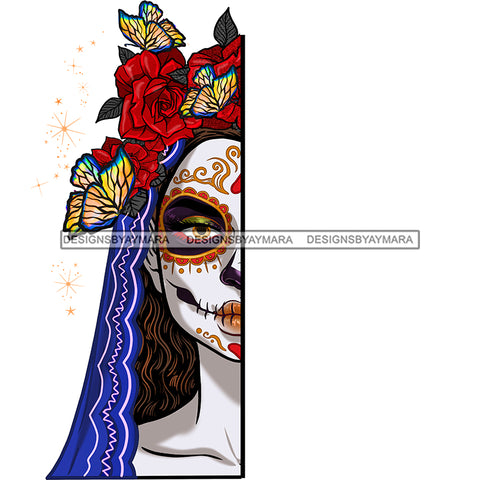 Half Sugar Skull Face Red Flowers Butterflies JPG PNG  Clipart Cricut Silhouette Cut Cutting