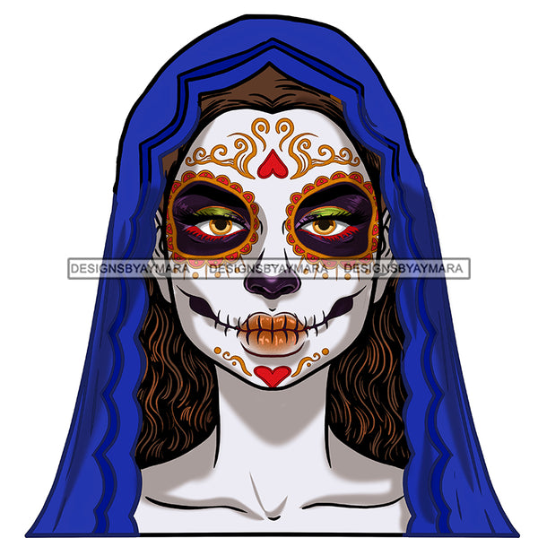 Sugar Skull Face  Blue Scarf JPG PNG  Clipart Cricut Silhouette Cut Cutting