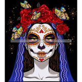 Sugar Skull Art With Red Flower Headpiece Butterflies  JPG PNG  Clipart Cricut Silhouette Cut Cutting