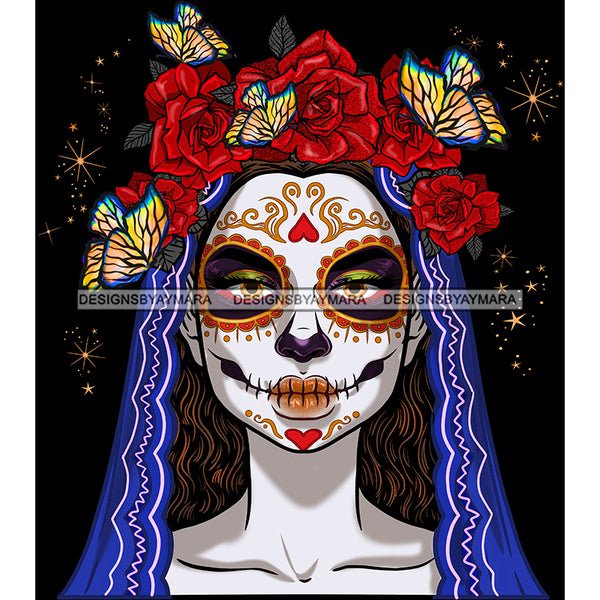 Sugar Skull Art With Red Flower Headpiece Butterflies  JPG PNG  Clipart Cricut Silhouette Cut Cutting