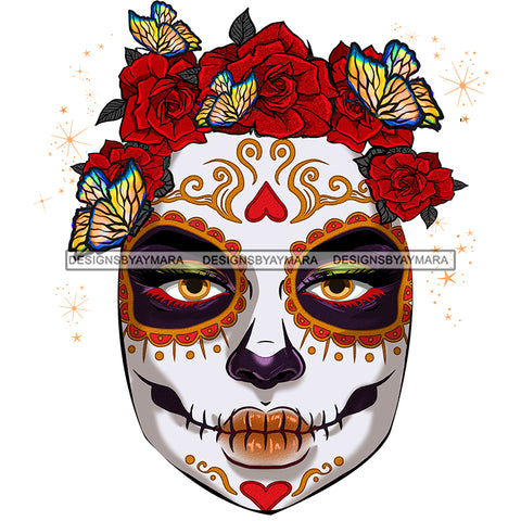 Sugar Skull Art Face Only With Red Flower Headpiece JPG PNG  Clipart Cricut Silhouette Cut Cutting