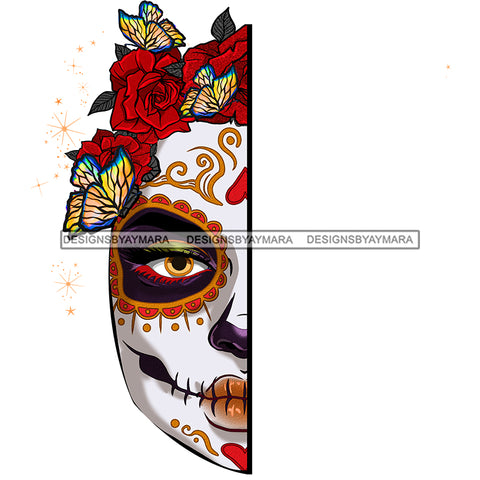Half Face Sugar Skull Art Face Only With Red Flower Headpiece JPG PNG  Clipart Cricut Silhouette Cut Cutting