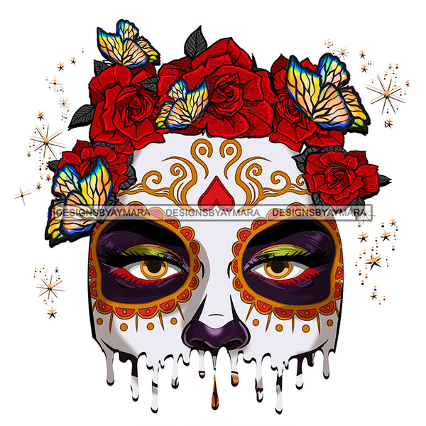 Sugar Skull Art Face Only With Red Flower Headpiece Dripping JPG PNG  Clipart Cricut Silhouette Cut Cutting
