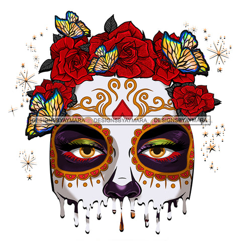 Sugar Skull Art Face Only With Red Flower Headpiece Dripping JPG PNG  Clipart Cricut Silhouette Cut Cutting