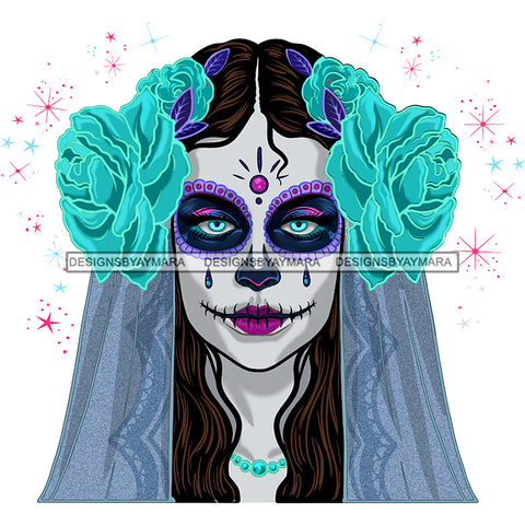 Sugar Skull Art Blue Scarf Turquoise Flowers Purple Makeup JPG PNG  Clipart Cricut Silhouette Cut Cutting