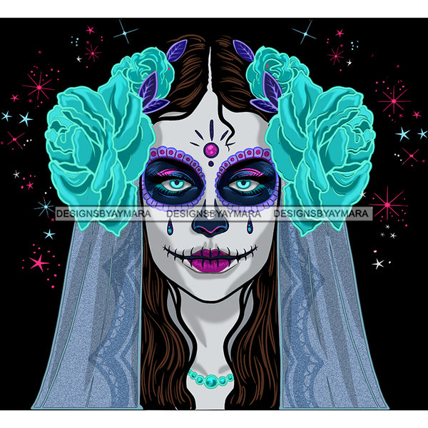 White Face Sugar Skull Art Blue Scarf Turquoise Flowers Purple Makeup JPG PNG  Clipart Cricut Silhouette Cut Cutting
