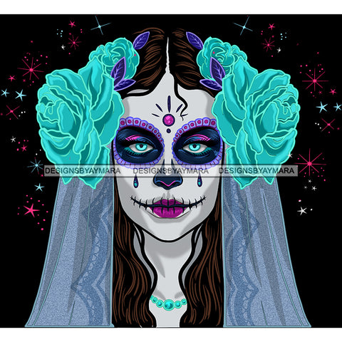 White Face Sugar Skull Art Blue Scarf Turquoise Flowers Purple Makeup JPG PNG  Clipart Cricut Silhouette Cut Cutting
