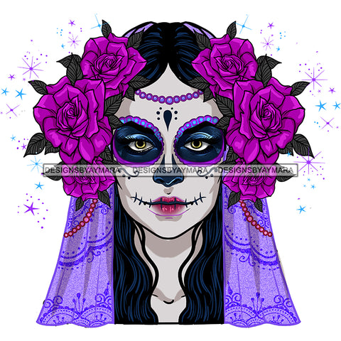 White Face Sugar Skull Art Purple Scarf Purple Flowers Purple Makeup JPG PNG  Clipart Cricut Silhouette Cut Cutting