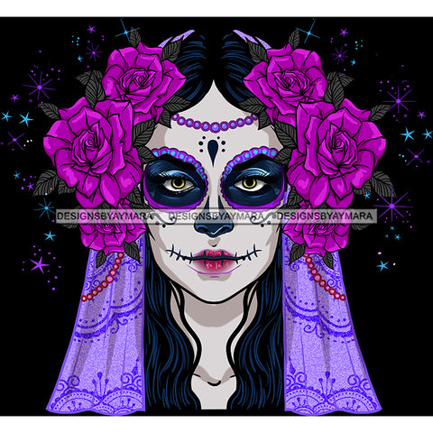 White Face Sugar Skull Art Purple Scarf Purple Flowers Purple Makeup JPG PNG  Clipart Cricut Silhouette Cut Cutting