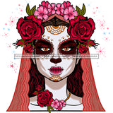 Sugar Skull Art With Red And Pink Flowers Red And Pink Scarf  JPG PNG  Clipart Cricut Silhouette Cut Cutting