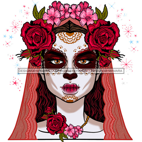Sugar Skull Art With Red And Pink Flowers Red And Pink Scarf  JPG PNG  Clipart Cricut Silhouette Cut Cutting