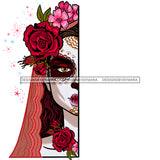 Sugar Skull Art With Red And Pink Flowers Red And Pink Scarf  JPG PNG  Clipart Cricut Silhouette Cut Cutting
