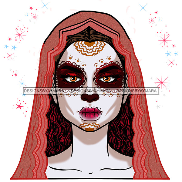 Sugar Skull Art Pink Scarf Red Makeup JPG PNG  Clipart Cricut Silhouette Cut Cutting
